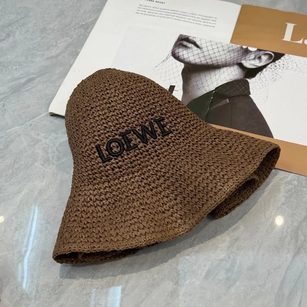 LOEWE Brown Raffia Bucket Hat Leather Anagram Logo Straw Ibiza Summer Coffee Tan - Picture 6 of 8